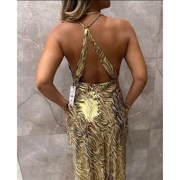 Zara Tiger Print Metallic Gold Midi Dress with Open Back Halter Top Size Small - Picture 2 of 11